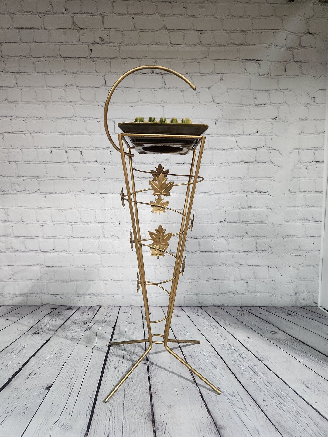 Mid Century Modern Gold Maple Leaf Ashtray Stand, Beauce Ceramic