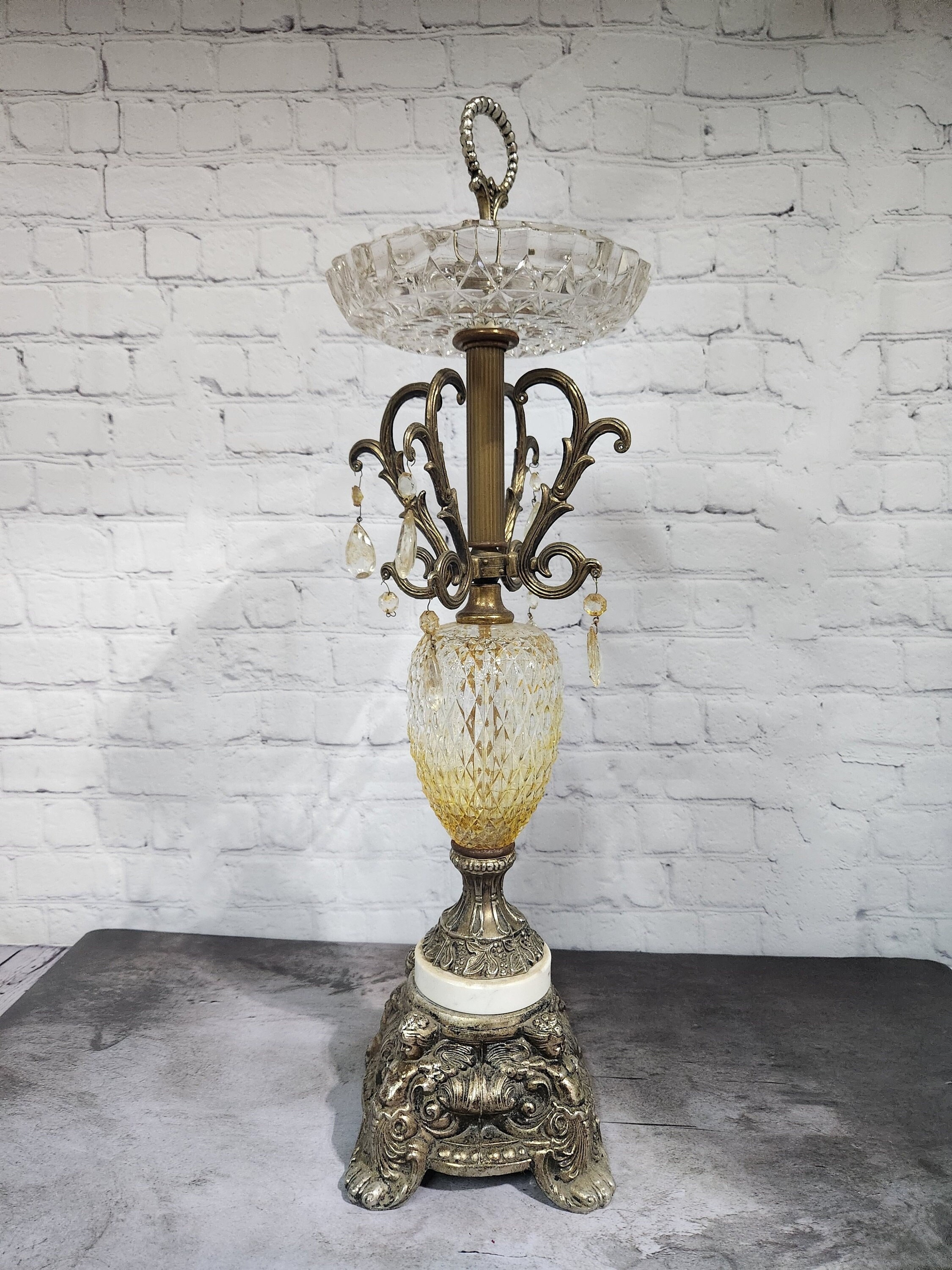 Vintage Hollywood Regency Standing Ashtray: Slag Glass & Crystal