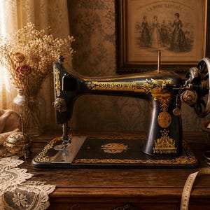 Op de afbeelding: Een antieke zwarte naaimachine met gouden accenten staat op een houten tafel. De machine heeft decoratieve patronen. Een ingelijste vintage prent en droogbloemen staan op de achtergrond, samen met naaibenodigdheden.
