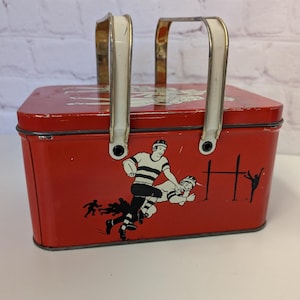 Vintage Decoware Girl Lunch Pail Box wtih Insert Sports Tin Lithograph from the  1930.  Hockey , baseball, football  and cycling lithography