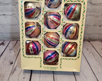 Vintage christmas multicolors ornaments - box of 12 from the 80's holly brand vintage christmas ornaments christmas tree vintage ornaments