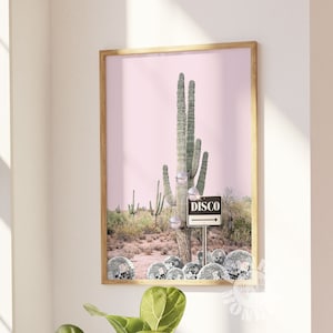 Disco Kaktus Print, Trendy Wandkunst, Pink Desert Poster, Retro druckbare Kunst, adrette Poster, Desert Disco Schild Funky Wandkunst Digitaldrucke