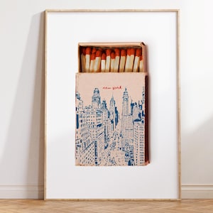Retro Matchbox Print New York City Matches Wall Art, Retro NYC Matchbook, Blue Printable Poster Trendy Vintage Aesthetic Digital Print