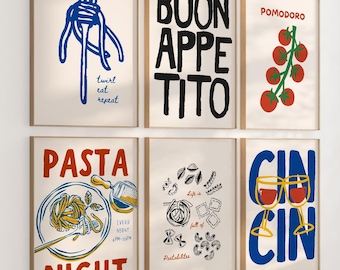 Kitchen Wall Art Print Set, Food Digital Prints, Gallery Wall Set of 6, Italian Food Lover, Trendy Wall Art, Retro Pasta Aesthetic Poster