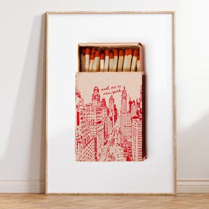 Matchbox Print Retro NYC Matches Wall Art, Red New York City Matchbook Printable Poster Trendy Meet Me in NY Vintage Aesthetic Digital Print