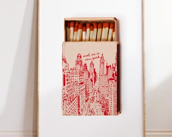 Matchbox Print Retro NYC Matches Wall Art, Red New York City Matchbook Printable Poster Trendy Meet Me in NY Vintage Aesthetic Digital Print