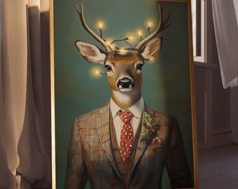 Funny Deer Printable Art, Winter Fashion Animal Wall Art Print, Funny Christmas Print, Holiday Decor, Preppy Trendy Digital Print