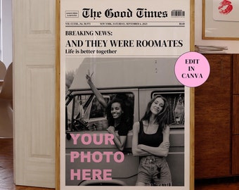 Custom Newspaper Print, Roommates Newsprint Headline Poster, Personalized College Dorm Best Friends Wall Art, Edit in Canva Digital Download