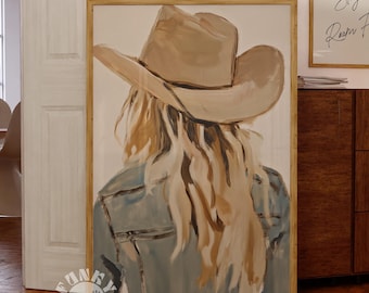 Rustic Cowgirl Wall Art Print, Neutral Western Aesthetic Decor, Trendy Boho Cowgirl Abstract Painting, Printable Art, Instant Digital Print