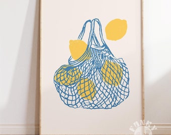 Lemons in Bag Poster, Trendy Fruit Digital Download, Kitchen Wall Art, Retro Food Digital Print, Modern Kitchen Aesthetic, Printable Art