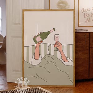 Arte mural verde salvia, impresión de vino en la cama, póster imprimible de moda, decoración estética para habitaciones, impresión femenina, impresión digital para dormitorio, impresión para apartamento