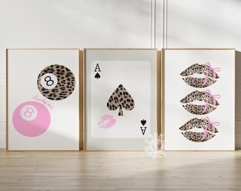Pink Leopard Print Set, 8 Ball Printable Art, Trendy Wall Art Set of 3, Girly Print Set, Pink Bow Lips Poster Preppy Dorm Room Digital Print