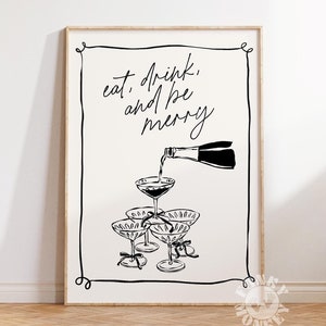Bar Cart Print Christmas Cocktail Wall Art, Digital Print, Holiday Decor, Eat Drink Be Merry Poster Sign, Trendy Minimalist Printable Art