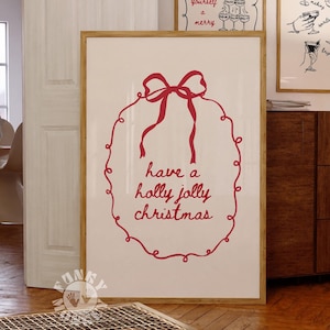 Trendy Weihnachtsdruck, Roter Urlaub druckbare Wandkunst, Winter Poster, Holly Jolly Christmas, minimalistische druckbare Kunst, XMas Coquette Bow