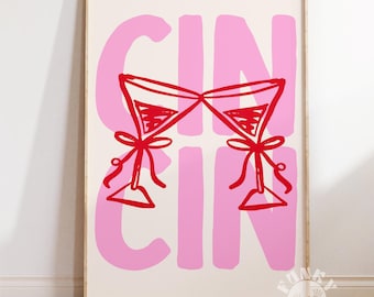 Impresión de póster de Cin Cin, impresión digital de cóctel femenino rosa, arte de pared retro Cheers, póster de bebida de arte de carrito de bar de moda, póster maximalista imprimible