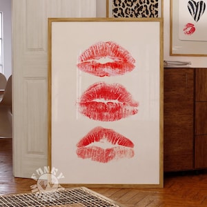 Lips Wall Art, Red Kisses Print, Retro Kiss Lips Poster, Trendy Wall Art, Girly Print, Coquette Digital Prints, Preppy Apartment Aesthetic