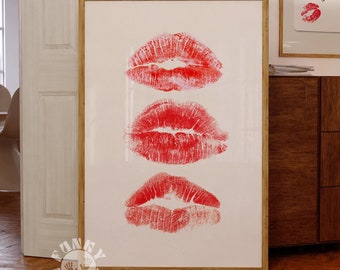 Lips Wall Art, Red Kisses Print, Retro Kiss Lips Poster, Trendy Wall Art, Girly Print, Coquette Digital Prints, Preppy Apartment Aesthetic