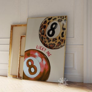 Lucky Me 8 Ball Print, Roter Leopard Digitaldruck, Retro Eight Ball Billard Poster, Funky Y2K Ästhetischer Wohnungsdekor, Pool Ball Print