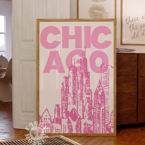 Chicago Poster Print, Pink City Wall Art, Trendy Travel Poster, Retro Preppy Digital Print, Dorm Room Decor, Printable Art, City Skyline