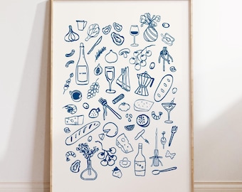 Blue Food Drinks Wall Art, Retro Dinner Party Digital Print, Dinner Table Poster, Bar Cart Print, Aesthetic Kitchen Decor Printable Food Art