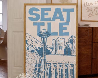 Seattle Wall Art, Trendy Seattle Travel Poster, Retro Blue City Print, Digital Print, Preppy Dorm Room Decor Printable Art City Skyline