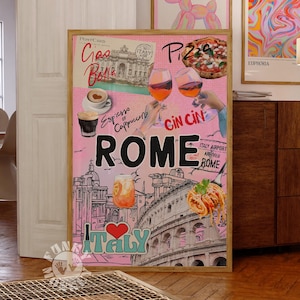 Puede incluir: Un póster rosa enmarcado con la palabra "ROME" y imágenes de comida y monumentos italianos. El póster incluye el texto "Ciao Bella" y "Espresso Cappuccino". Otras obras de arte enmarcadas son visibles.