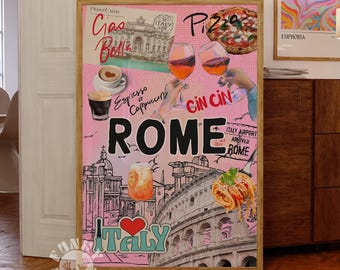 Rome Poster, Trendy Travel Wall Art Print, Dopamine Collage Digital Prints, Dorm Room Decor, Girly Maximalist Printable Art