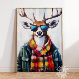 Funny Deer Art Print, Winter Animal Wall Art, Funny Christmas Printable, Fashion Deer Winter Cabin Holiday Decor Preppy Trendy Digital Print