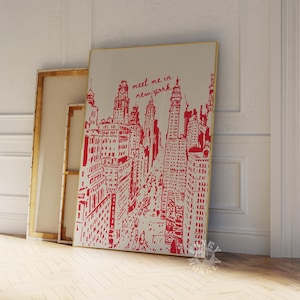 Stampa rossa alla moda di New York, poster retrò di New York City, arte murale "Incontrami a New York", poster di viaggio di New York, arte stampabile, stampa digitale, arredamento per dormitori