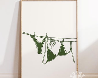 Bikini Digital Print, Olive Green Summer Printable Art, Coastal Girly Print, Preppy Aesthetic, Beach Dorm Room Decor, Trendy Wall Art
