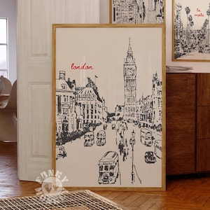 Retro Reise Poster London City Print, trendige Wahrzeichen Wandkunst, Digitaldruck, Stadtbild, druckbare Wand, Kunst, London Skizze, Zeichnung