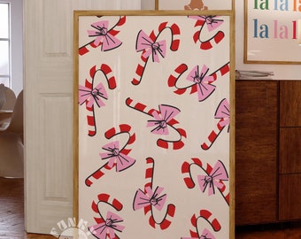 Candy Cane Print, Christmas Wall Art, Red Pink Bow Girly Holiday Decor, Printable Art, Trendy Preppy XMas Print, Coquette Digital Print