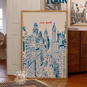 New York Travel Poster, Retro NYC Print, Blue New York City Wall Art, Trendy Travel Poster, Printable Art, Digital Prints, Dorm Room Decor