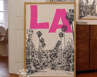 LA Travel Poster, Retro City Print, Trendy Las Angeles Landmark Wall Art, Digital Print, Dorm Room Decor, California Printable Wall Art