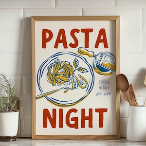 Pasta Night Kitchen Print, Food Wall Art, Retro Italian Food Print, Spaghetti Art, Trendy Maximalist Kitchen Art, Pasta Lover Digital Print