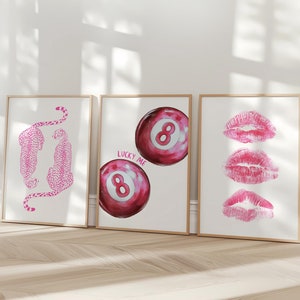 Lot de 3 imprimés tendance, impression numérique 8 boules rétro rose, affiche imprimable Girly Kiss lèvres, téléchargement numérique guépard, décoration de chambre de dortoir universitaire