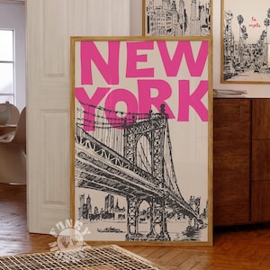 Rosa New York Reise-Druck, Retro NYC NYC Poster, trendige Wandkunst, Brooklyn Bridge Digitaldruck, New York City Wohnheim Dekor, druckbare Wandkunst