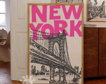 Pink New York Travel Print, Retro NYC Poster, Trendy Wall Art, Brooklyn Bridge Digital Print, New York City Dorm Decor, Printable Wall Art