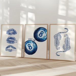 Navy Wall Art Set, Retro 8 Ball Poster, Blue Cheetah Print, Trendy Kiss Lips Digital Prints, Preppy Aesthetic, Dorm Room Decor Printable Art
