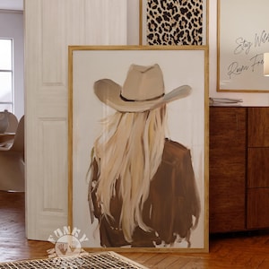 Cowgirl Print, Abstract Portrait, Neutral Aesthetic Decor, Rustic Western Wall Art, Boho Cowgirl Painting, Printable Art, Digital Print