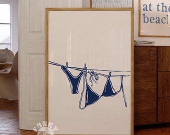 Navy Bikini Summer Print, Blue Coastal Girly Print, Preppy Aesthetic, Beachy Printable Art, Dorm Room Trendy Wall Art, Digital Print