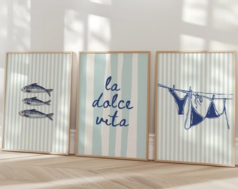 Summer Digital Print Set of 3 Trendy Blue Bikini Tinned Sardines La Dolce Vita Wall Art, Retro Beach Aesthetic Poster, Coastal Printable Art