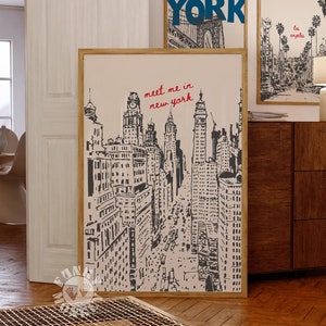 Retro New York City Print, Trendy Wall Art, NYC Travel Poster, Printable Art, Digital Prints, Dorm Decor, Meet Me in NY, Apartment Aesthetic