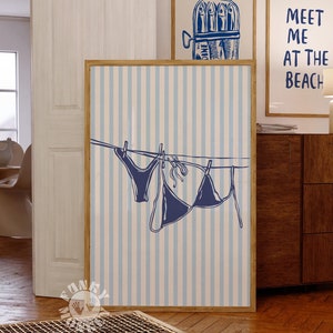 Bikini Print Blue Beachy Wall Art, Coastal Aesthetic Poster, Summer Digital Print, Bikini on Clothesline Trendy Wall Art, Preppy Print