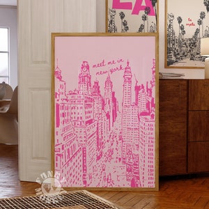 Impresión de Nueva York, póster de viaje de Nueva York en color rosa, impresión retro, arte de pared de moda Meet Me in New York, arte imprimible, impresión digital, decoración de dormitorio