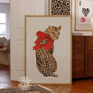 Leopard with Red Bow Digital Print, Coquette Animal Print, Trendy Wall Art Funky Y2K Dopamine Aesthetic Digital Print Preppy Dorm Room Decor