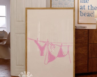Summer Print Pink Bikini on Clothesline Digital Print, Trendy Wall Art, Coastal Girly Print, Preppy Aesthetic, Beach Dorm Room Decor