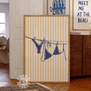 Bikini Print Navy Blue Summer Digital Print, Beachy Preppy Stripes Print, Trendy Wall Art, Coastal Aesthetic Poster, Bikini on Clothesline