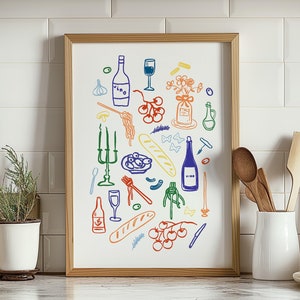 Retro Pasta Dinner Print, Cute Kitchen Digital Print, Food Drink Illustration Poster, Color Dinner Party Printable Art, Trendy Wall Art