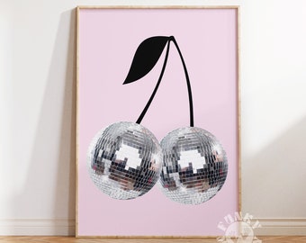 Disco Ball Print, Trendy Wall Art Prints, Pink Disco Cherry, Preppy Wall Decor, Girly Print Poster Aesthetic Retro Printable Digital Prints